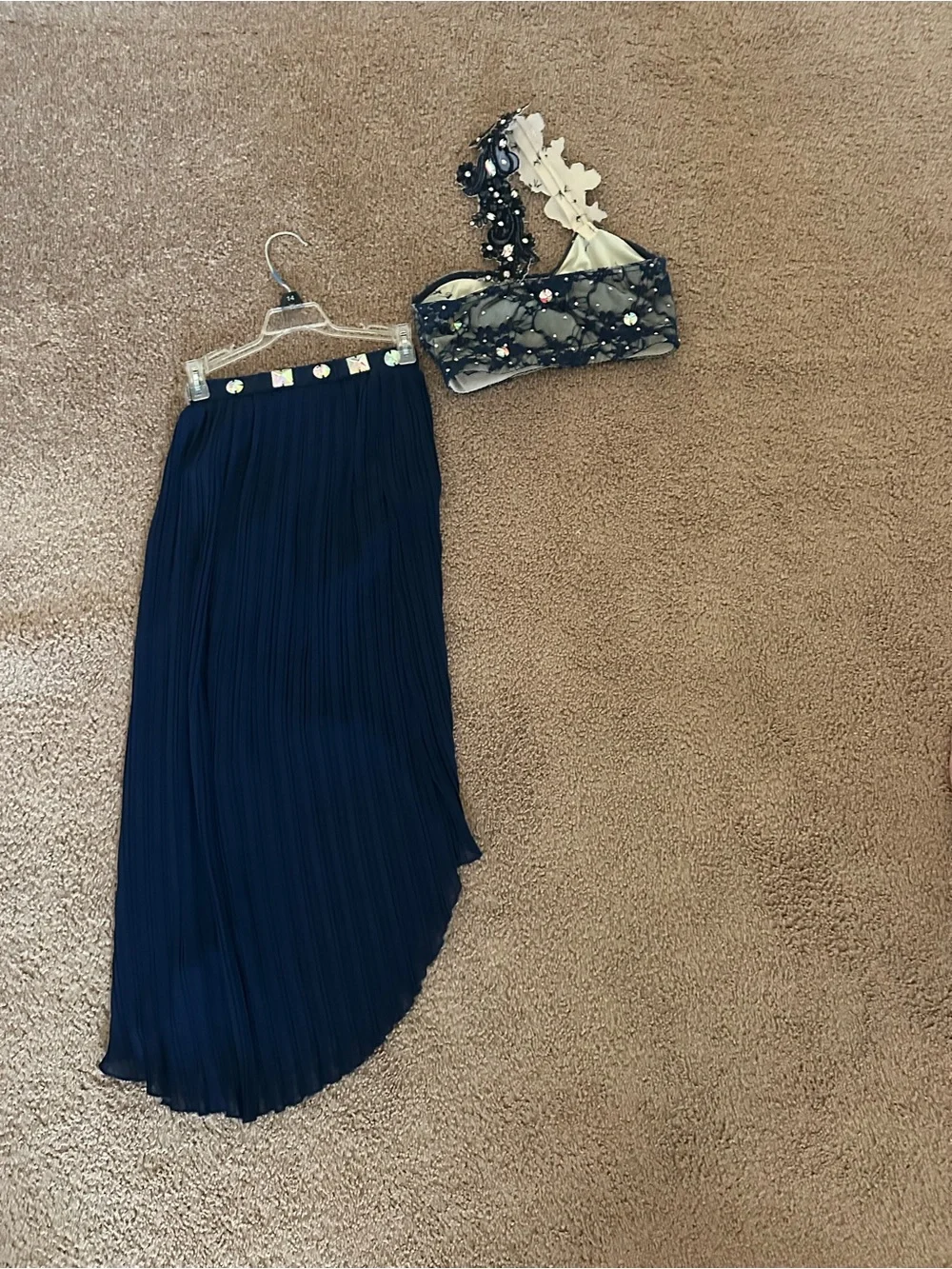 Navy Pleated High-Low Skirt with Decorative Waistband